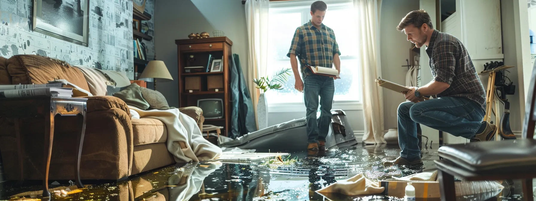 a concerned homeowner stands in a water-damaged living room, visually assessing the aftermath of a burst hot water heater, while a professional insurance adjuster kneels nearby, carefully documenting the damage with a clipboard in a well-lit, modern interior.