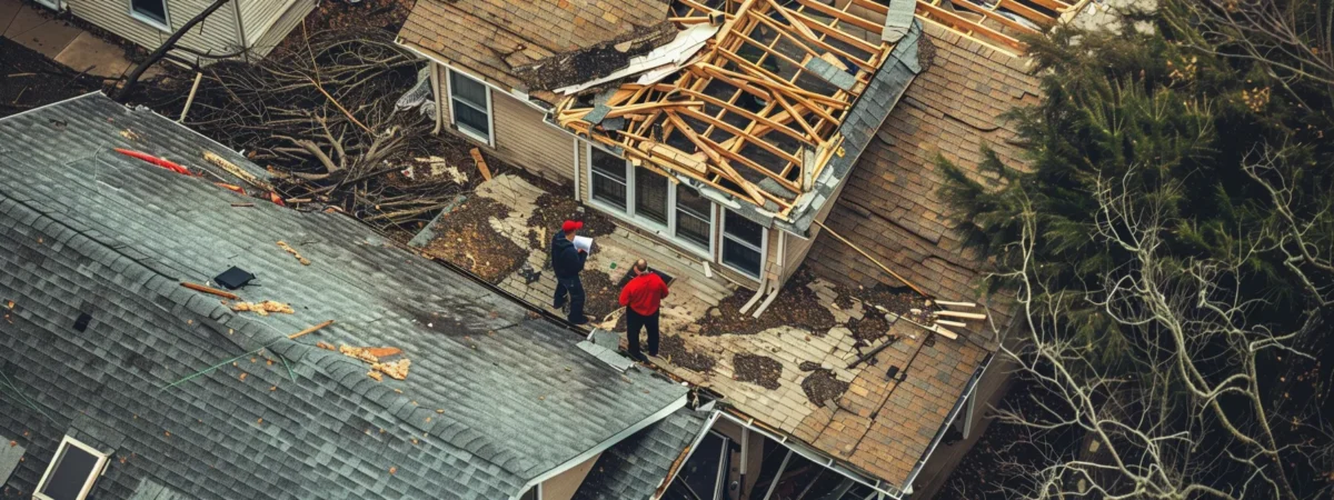 a detailed aerial view captures an insurance adjuster inspecting storm-damaged roofs beside homeowners, highlighting the urgency and professionalism in their discussions amidst the aftermath of destruction.