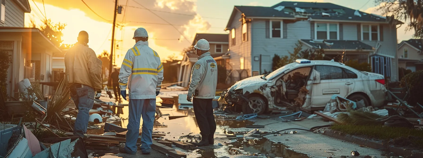 a diverse team of professional adjusters, equipped with advanced technology, conducts a comprehensive property inspection in a storm-damaged urban setting, emphasizing trust and urgency as they discuss claims amidst visible water damage and structural concerns.
