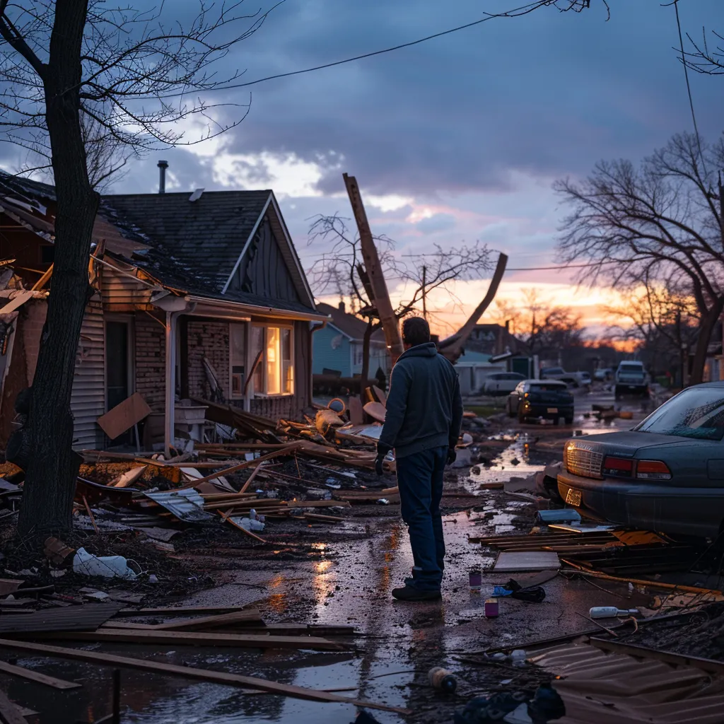 a proactive property owner inspects a storm-damaged suburban home, with visible roof shingles scattered and debris in a well-organized, modern urban neighborhood, illustrating the essential steps to take before contacting the insurance company.