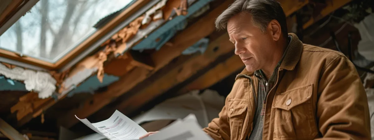 a professional public adjuster conducts a thorough property inspection of a damaged roof, surrounded by concerned homeowners, with detailed insurance forms spread out on a nearby table under soft indoor lighting, conveying a sense of trust and urgency in the aftermath of a storm.