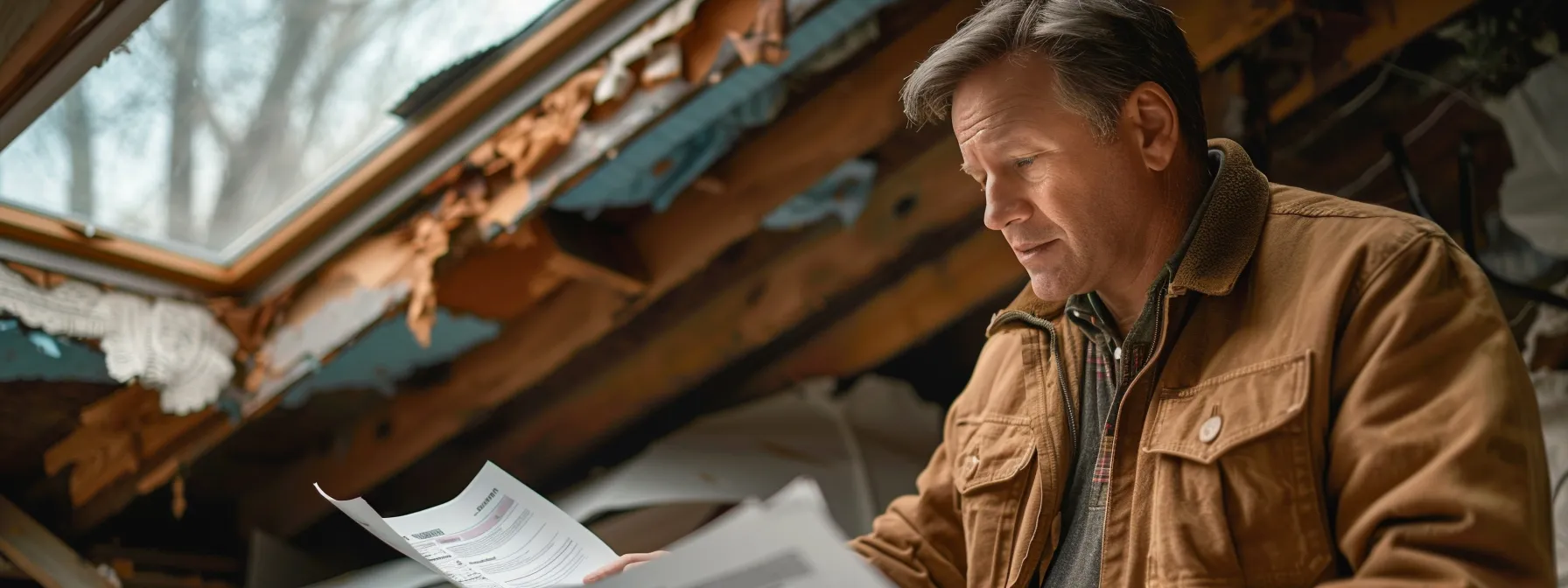 a professional public adjuster conducts a thorough property inspection of a damaged roof, surrounded by concerned homeowners, with detailed insurance forms spread out on a nearby table under soft indoor lighting, conveying a sense of trust and urgency in the aftermath of a storm.
