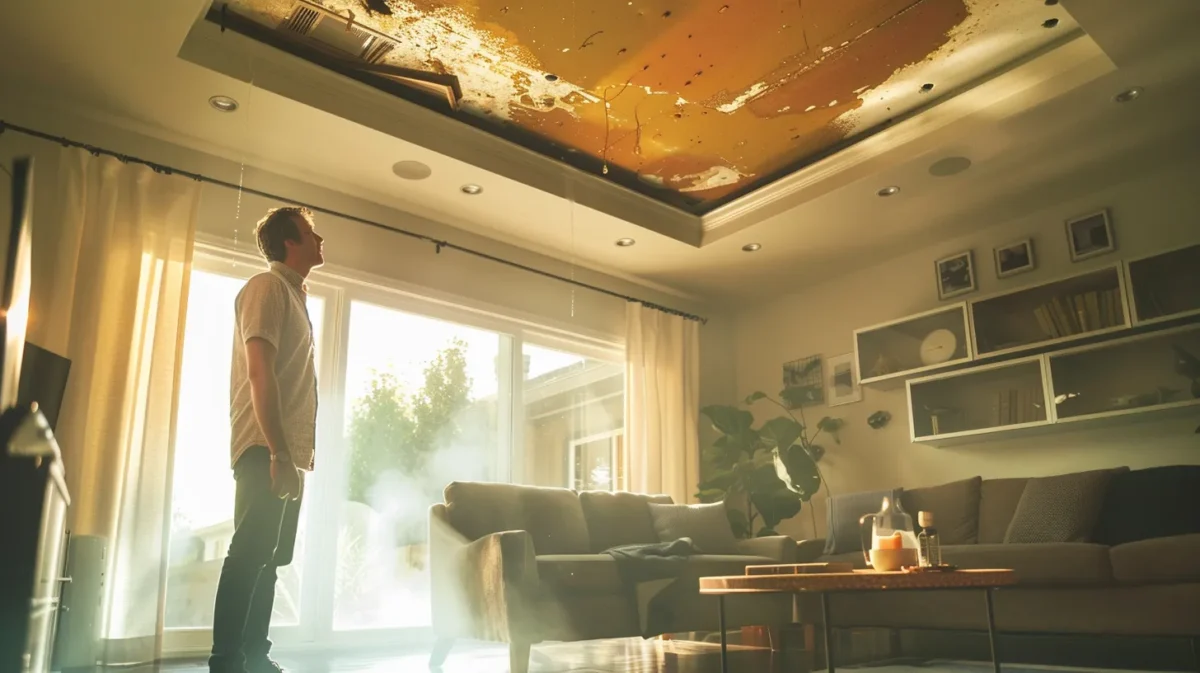 a concerned homeowner stands in a modern, well-lit living room, gazing upwards at a water-stained ceiling, with an insurance policy document on the coffee table reflecting the urgency of resolving a leaking roof issue.