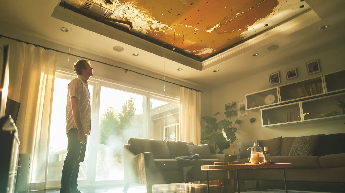 a concerned homeowner stands in a modern, well-lit living room, gazing upwards at a water-stained ceiling, with an insurance policy document on the coffee table reflecting the urgency of resolving a leaking roof issue.