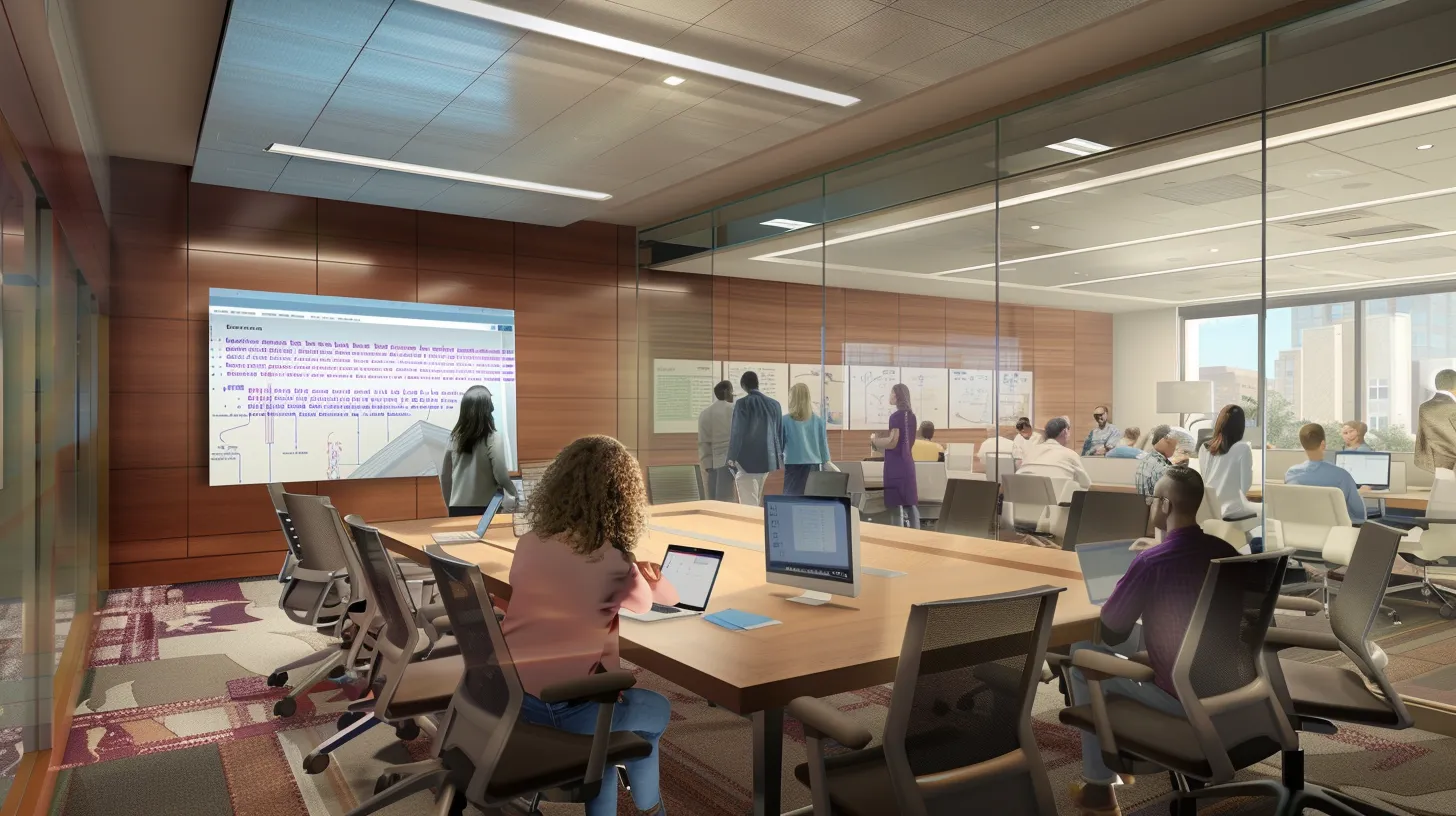 A modern insurance adjuster’s office with a glass-walled conference room. Inside, licensed adjusters in professional attire review detailed claim files and annotated documents. A large digital screen displays an annotated insurance contract with highlighted clauses illustrating the concept of adhesion in insurance. The atmosphere is focused and collaborative, reflecting expert evaluation and policy analysis.